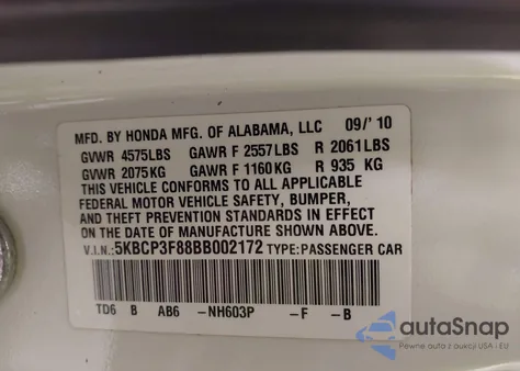 2011 Honda Accord 3.5 Ex-L from USA, damaged, VIN 5KBCP3F88BB002172